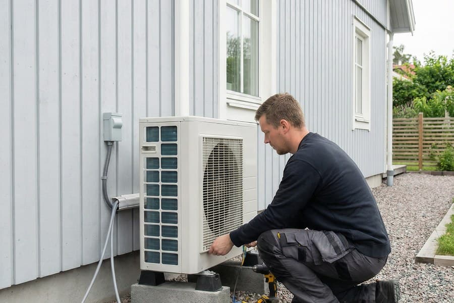 Tekniker installerar luftvärmepump